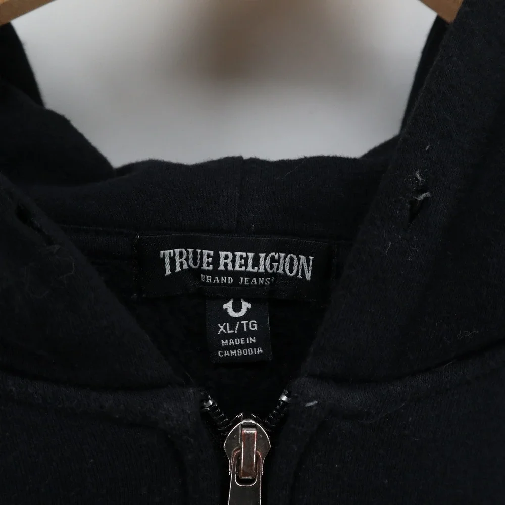 True Religion Hoodie Mens XL Black Gold Foil Logo Zip Up Y2K Streetwear Good